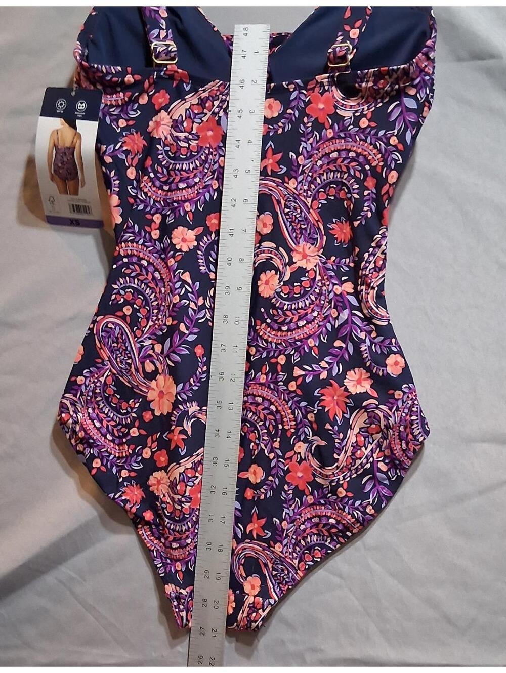 Land's End Paisley Floral One Piece Swimsuit Navy Coral Ruched XS - Picture 5 of 9